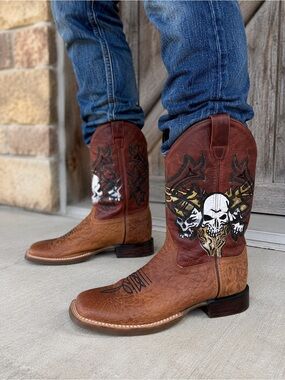 Old West Men’s 6D Brown Leather Cowboy Boots Skull Graphic Square Toe Handmade
